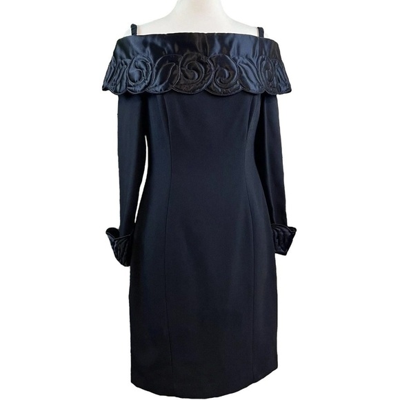Vtg AJ Bari Off Shoulder Quilted Trim Cuffs Cocktail Evening Dress Black Size 6 - Picture 1 of 8